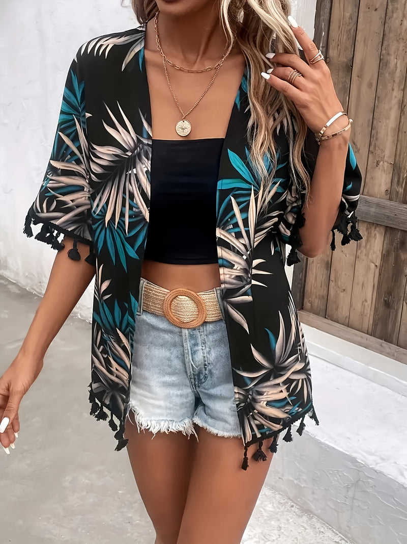 Kimono Tropical com Franjas – Elegância e Conforto para Todas as Ocasiões