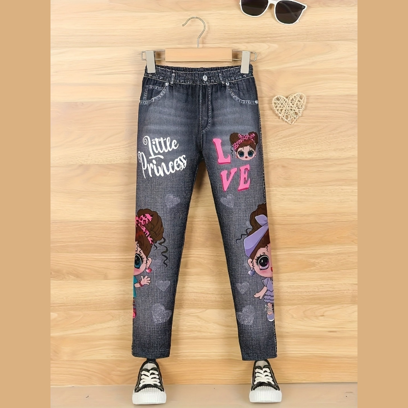 Pacote 5 Calças Casuais Meninas – Estampa de Desenho Animado e Denim Macio