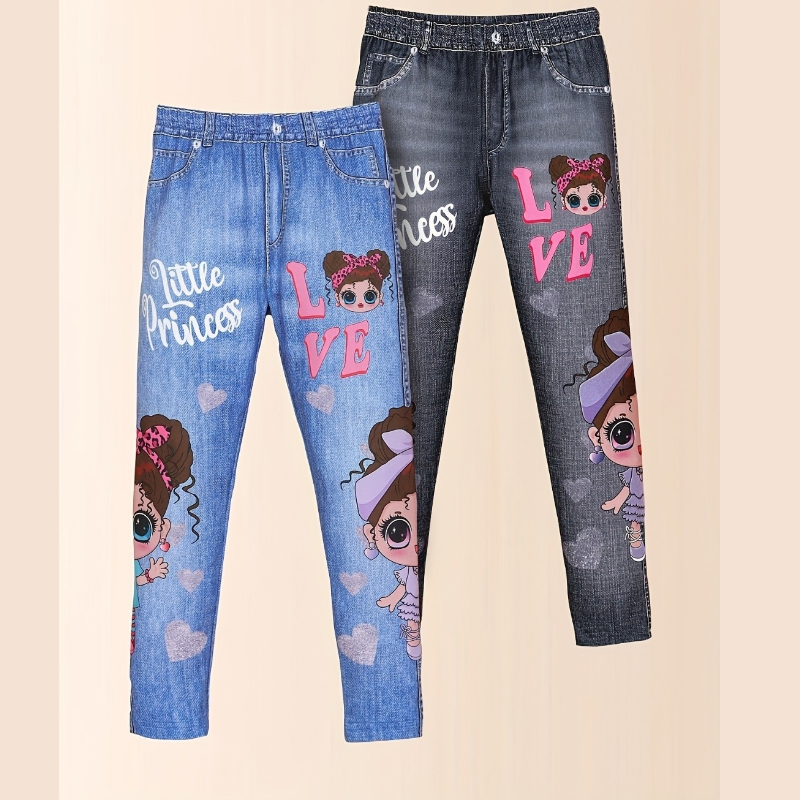 Pacote 5 Calças Casuais Meninas – Estampa de Desenho Animado e Denim Macio