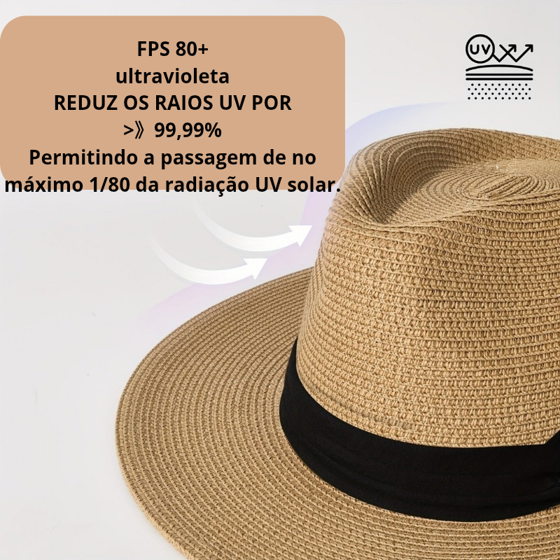 Fedora de Palha para Homens - Chapéu Panamá de Verão com Aba Larga