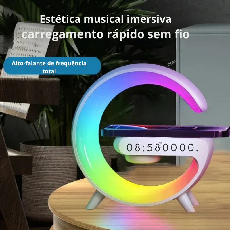 Carregador Sem Fio Multifuncional 5 em 1 – Base com Som, Luz RGB e Carregamento Rápido para Organizar e Turbinar Sua Rotina