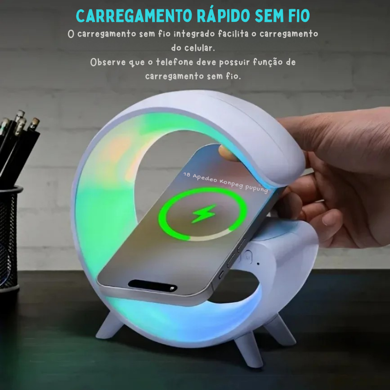 Carregador Sem Fio Multifuncional 5 em 1 – Base com Som, Luz RGB e Carregamento Rápido para Organizar e Turbinar Sua Rotina