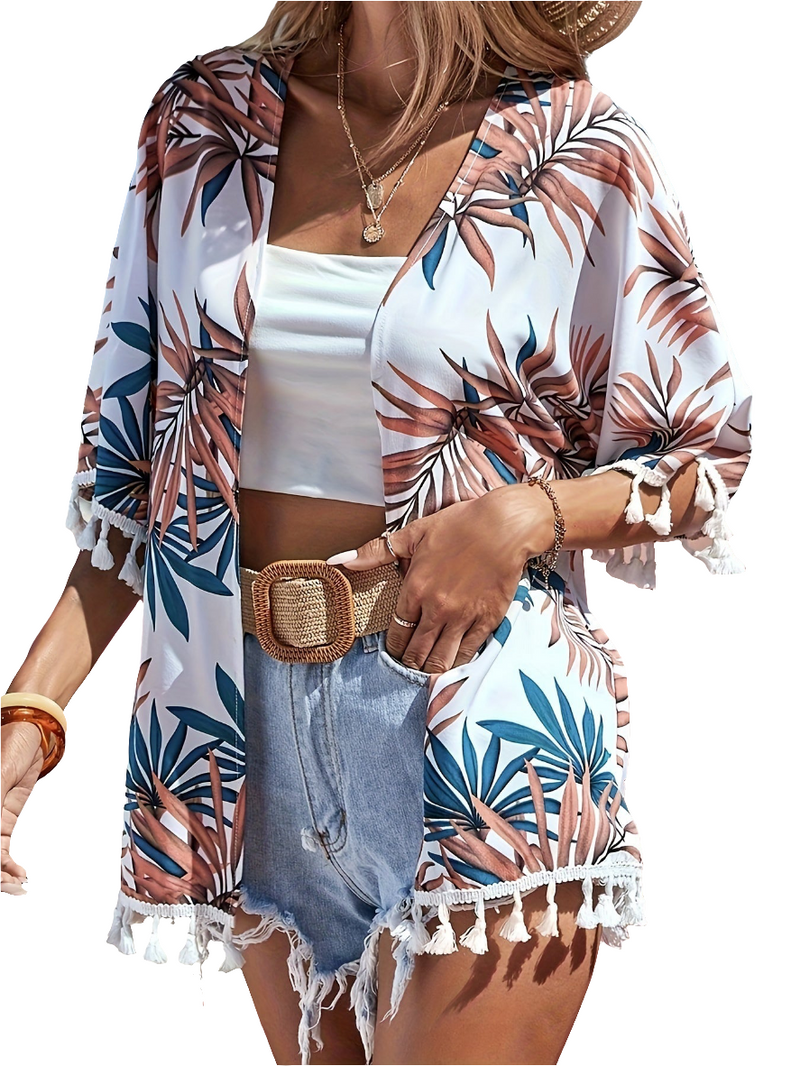 Kimono Tropical com Franjas – Elegância e Conforto para Todas as Ocasiões